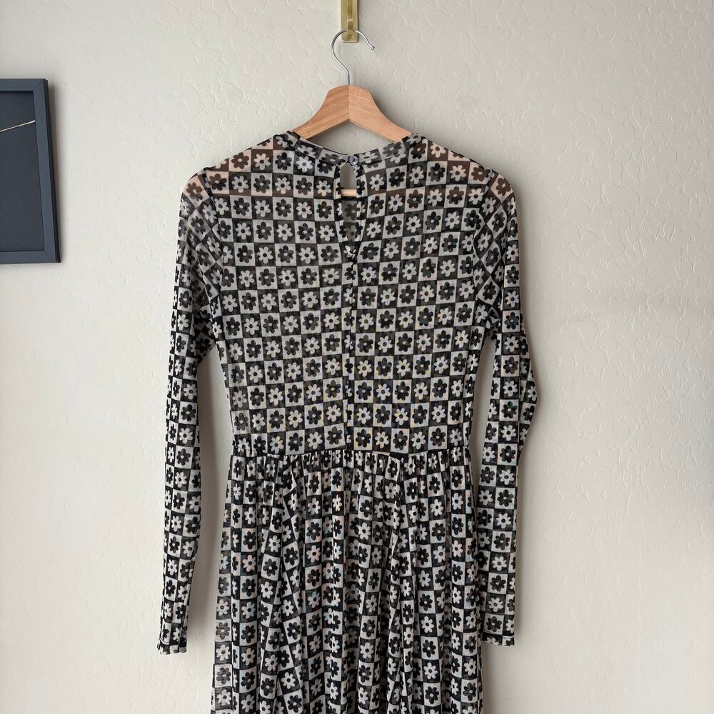Dressed in Lala Dress Mesh Floral Checkered Long Sleeve Maxi Dress Black White S - Picture 7 of 8